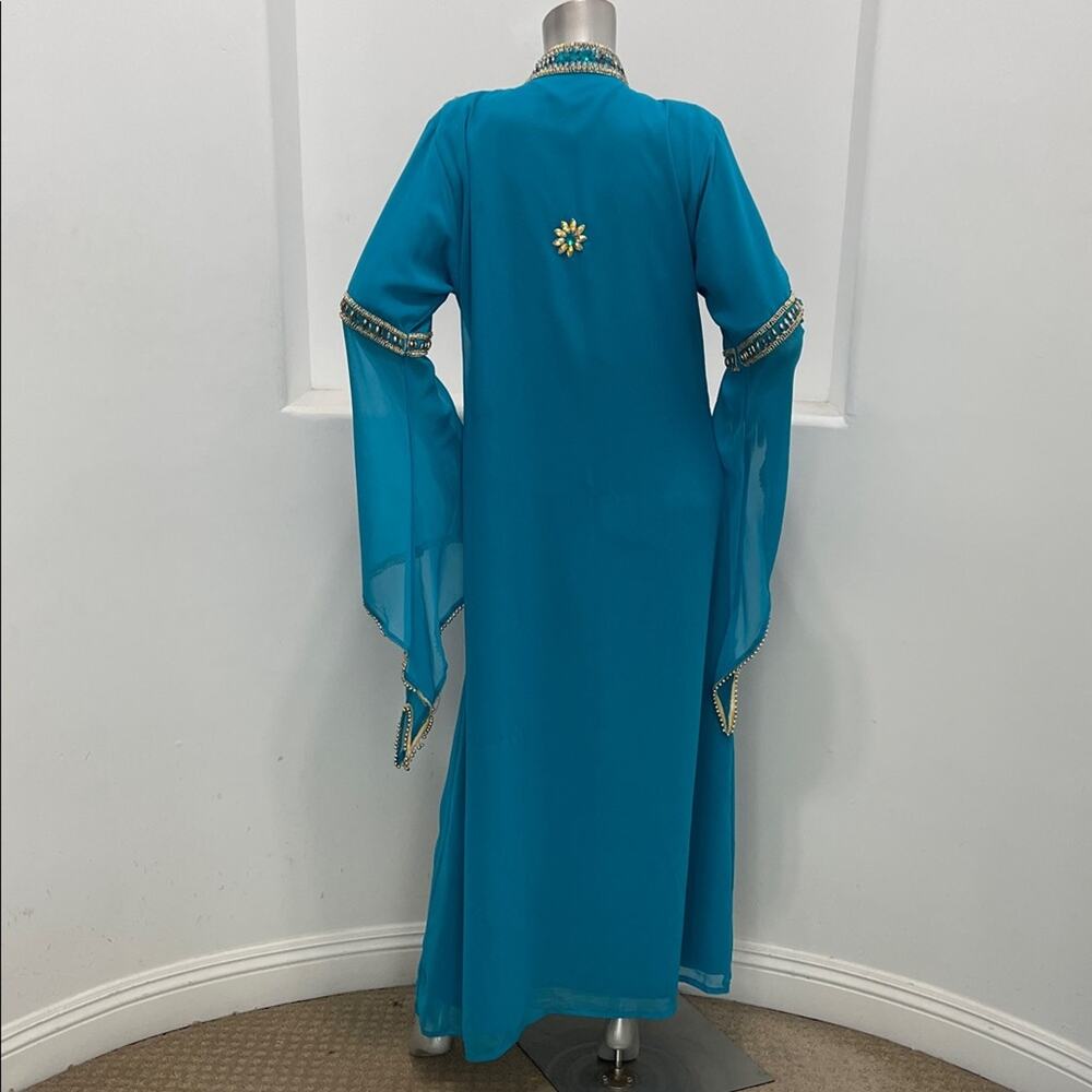 Moroccan Kaftan Maxi Dress Turquoise Hand Beaded Dubai Style Long Sleeve Formal - Picture 2 of 16